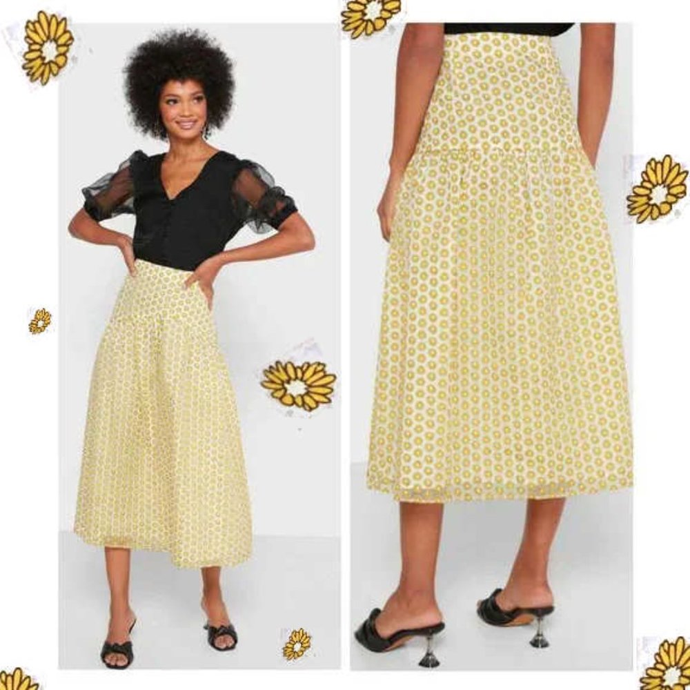 Topshop Floral Daisy Organza Midi Yoked Waist Skirt,  Size 12 Yellow